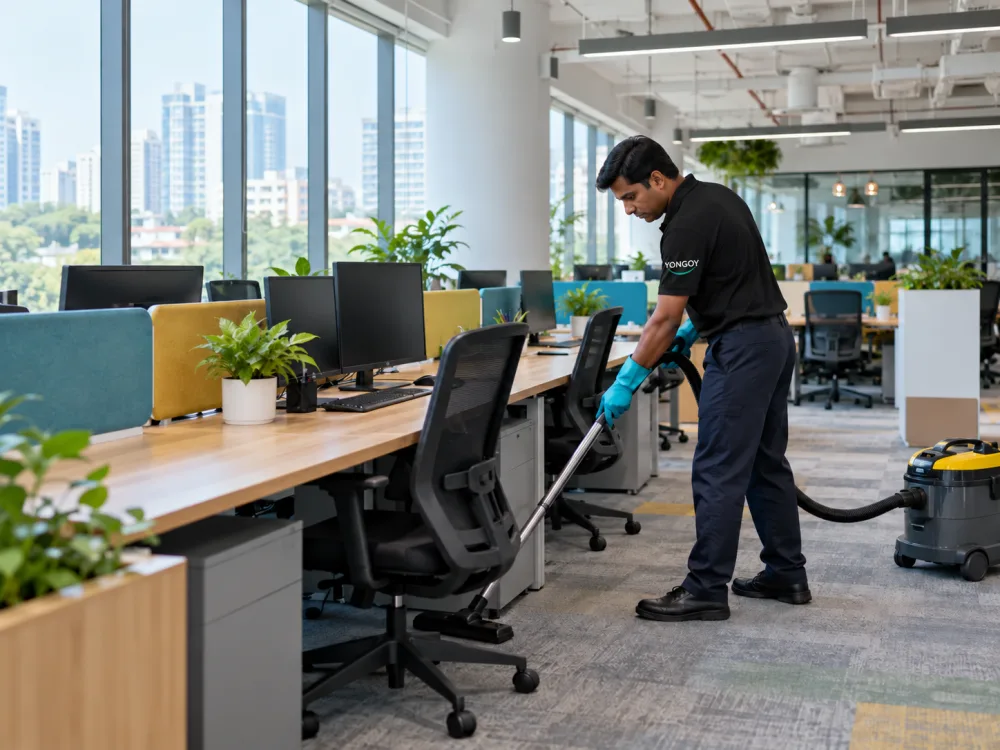 Professional vacuuming a bright shared co-working office